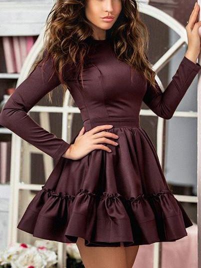 Shein Burgundy Long Sleeve Slim Flare Dress