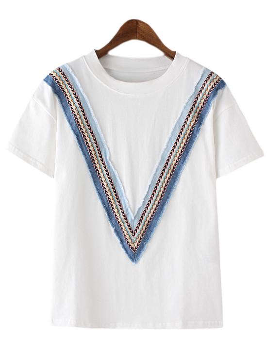 Shein White Short Sleeve Denim V Shaped Patch T-shirt
