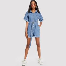 Shein Button Front Denim Romper With Belt