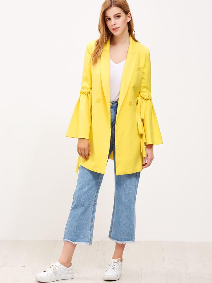 Shein Yellow Drawstring Bell Sleeve Double Breasted Coat