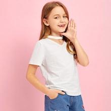 Shein Girls V-cut Neck Solid Tee