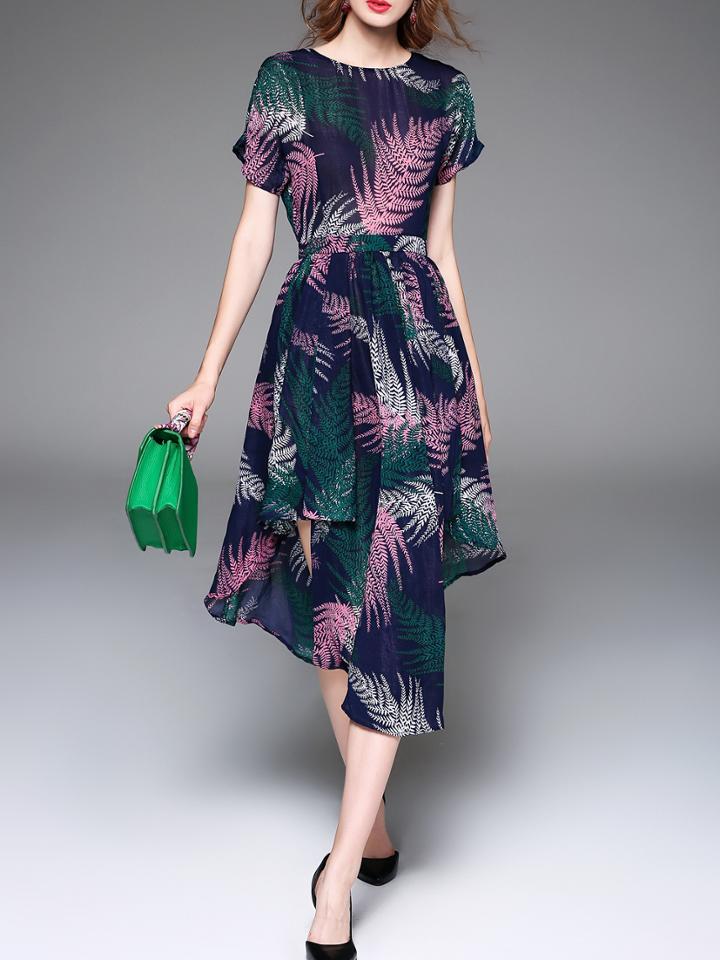 Shein Navy Backless Lace Up Leaves Print Dress