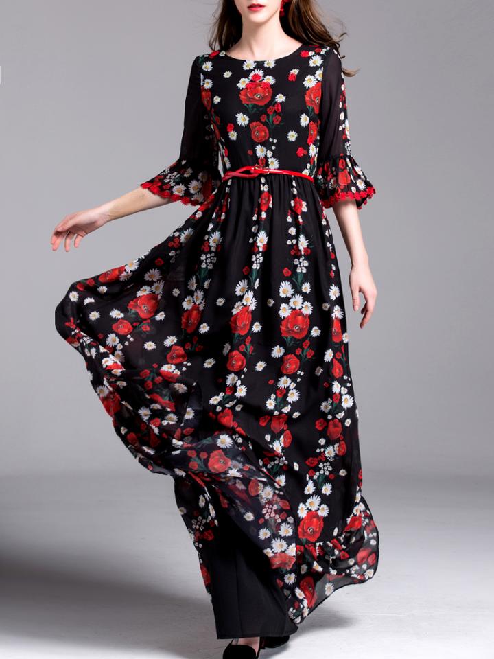 Shein Black Bell Sleeve Belted Print Maxi Dress