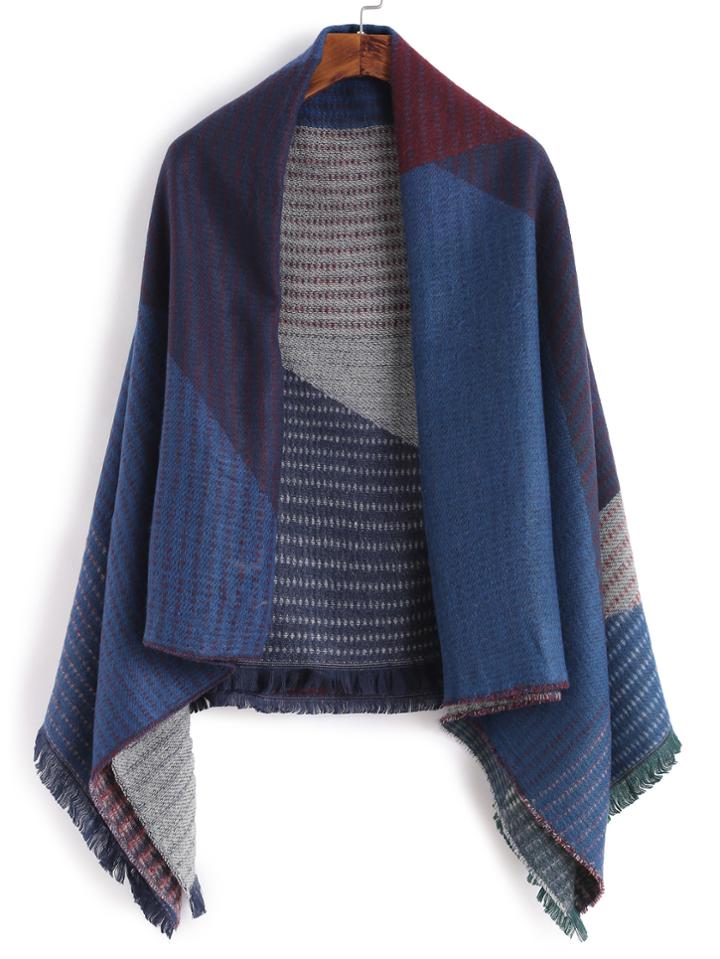Shein Blue Patchwork Eyelash Fringe Scarf