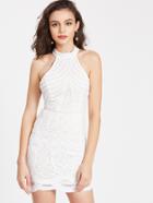 Shein Halterneck Strappy Back Embroidered Mesh Overlay Dress