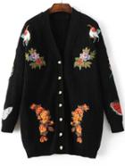 Shein Black Tiger Embroidery Button Up Sweater Coat