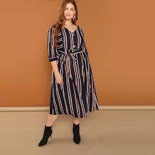 Shein Plus Button Front Tie Waist Striped Dress