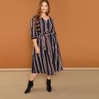 Shein Plus Button Front Tie Waist Striped Dress