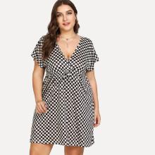 Shein Plus Deep V Neck Drawstring Waist Plaid Dress