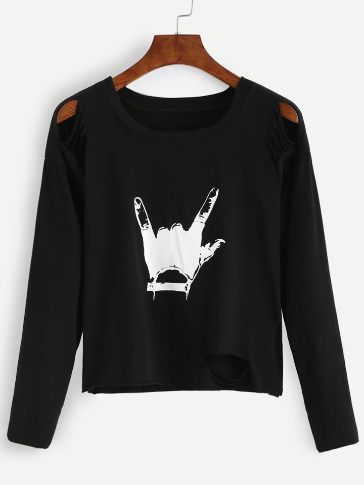 Shein Black Gesture Print Cut Out Crop T-shirt