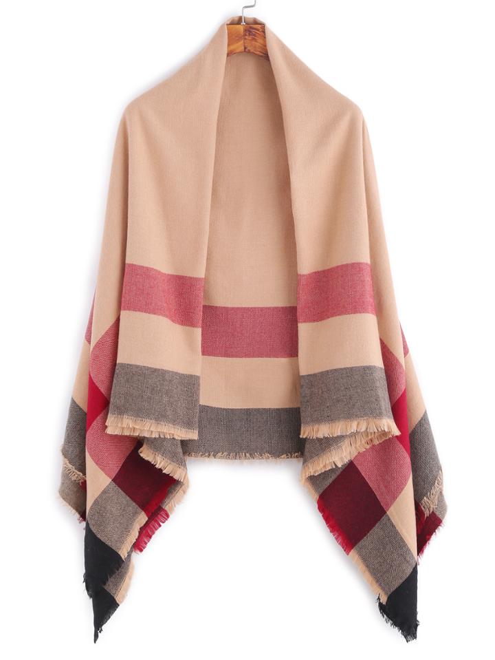 Shein Khaki Contrast Plaid Fringe Edge Square Shawl Scarf