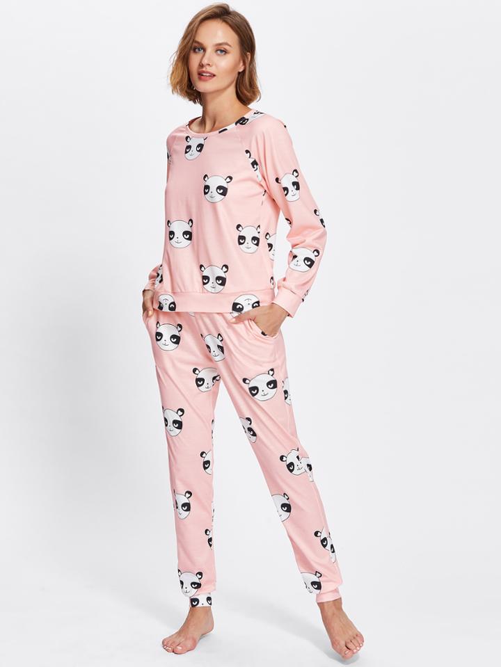 Shein Allover Panda Printed Raglan Sleeve Top & Sweatpants Pajama Set