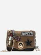 Shein Light Brown Badge Patch Furry Pu Crossbody Chain Bag