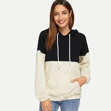 Shein Color-block Drawstring Detail Teddy Hoodie