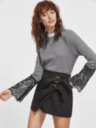 Shein Heather Grey Contrast Ruffle Collar Lace Bell Sleeve T-shirt