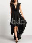 Shein Black Ruffle Lace Up Front High Low Maxi Dress