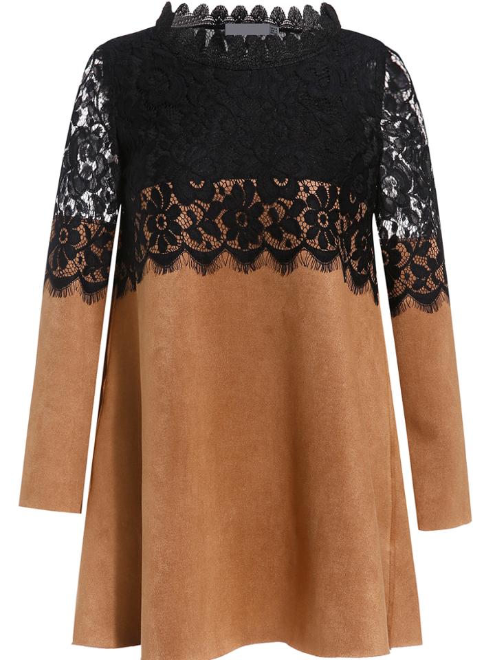 Shein Camel Collar Long Sleeve Lace Dress