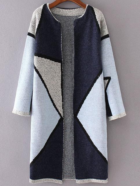 Shein Blue Color Block Collarless Long Cardigan