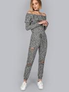 Shein Space Dye Frill Off Shoulder Ripped Jumpsuit