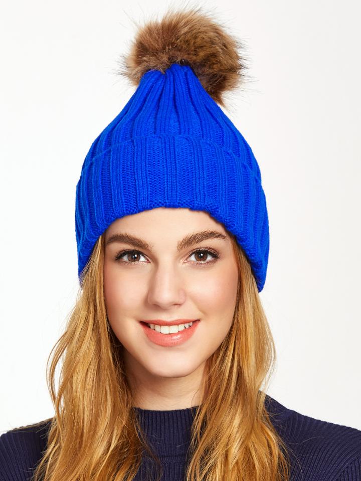 Shein Royal Blue Pom Pom Ribbed Knit Hat