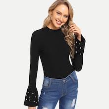 Shein Pearls Beaded Bell Sleeve Solid Tee