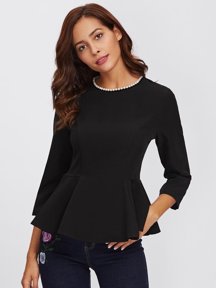 Shein Pearl Beading Neckline Peplum Top