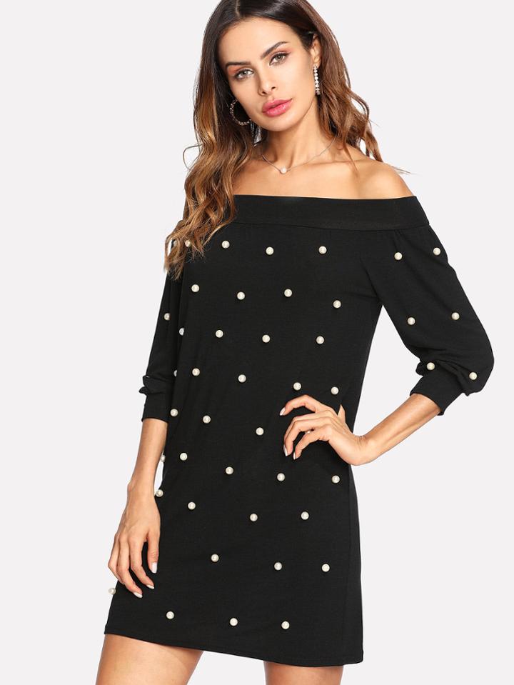 Shein Pearl Beading Bardot Dress