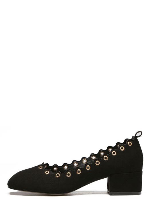 Shein Black Round Toe Eyelet Trim Chunky Pumps