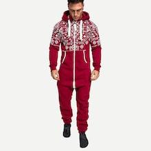 Shein Men Geometric Pattern Drawstring Hooded Jumpsuit