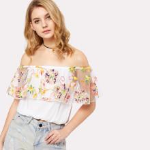 Shein Embroidered Mesh Ruffle Bardot Top