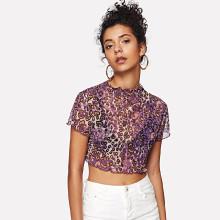Shein Lettuce Trim Leopard Crop Tee Without Bra