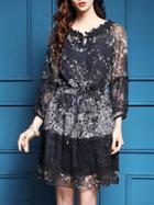 Shein Navy Tie Neck Drawstring Floral Contrast Lace Dress