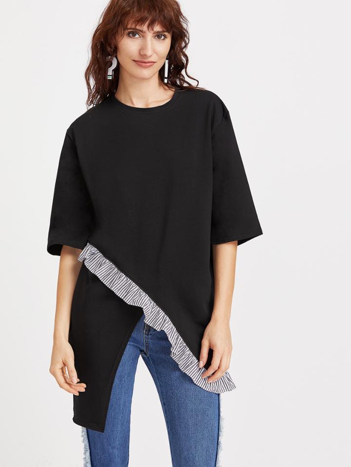 Shein Black Ruffle Trim Asymmetric Hem T-shirt