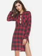 Shein Plunge Lace Up Slit Side Tartan Dress