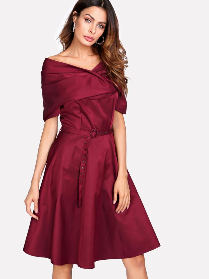 Shein Ruched Detail Swing Dress With Belt