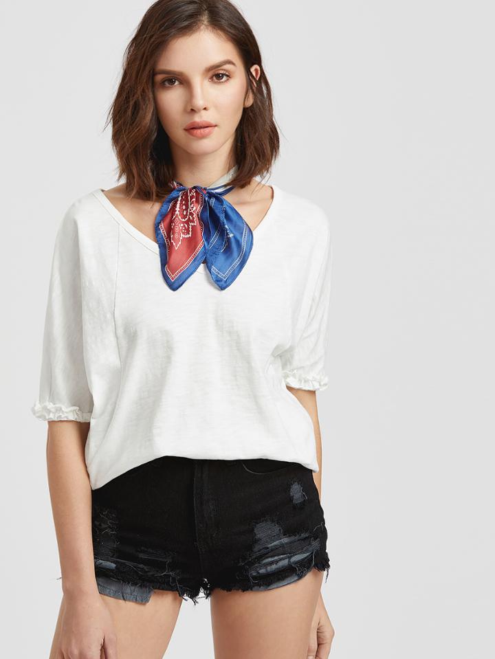Shein White V Neck Frilled Sleeve Slub T-shirt