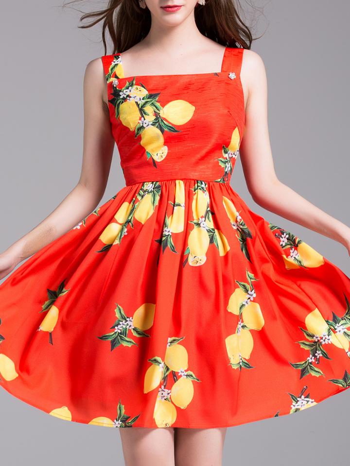 Shein Red Strap Lemons Print A-line Dress