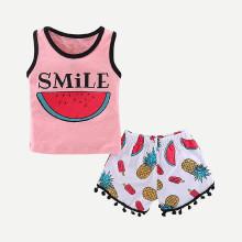 Shein Girls Letter Print Vest With Pom Pom Hem Shorts