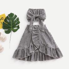 Shein Girls Knot Gingham Top With Ruffle Hem Skirt