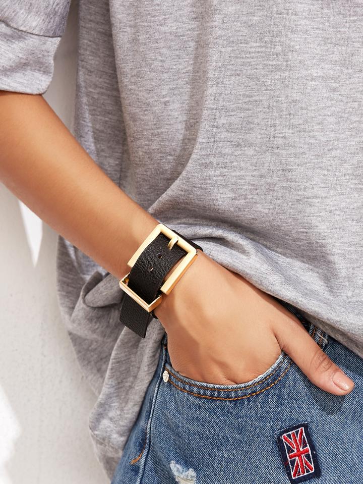 Shein Black Faux Leather Large Buckle Belt Bracelet
