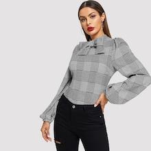 Shein Bow Embellished Balloon Sleeve Glen Plaid Blouse