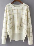Shein White Round Neck Plaid Crop Sweater