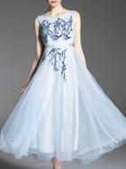 Shein Blue Gauze Embroidered A-line Dress