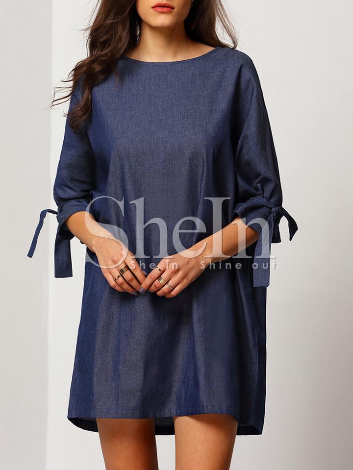 Shein Blue Round Neck With Bow Dress