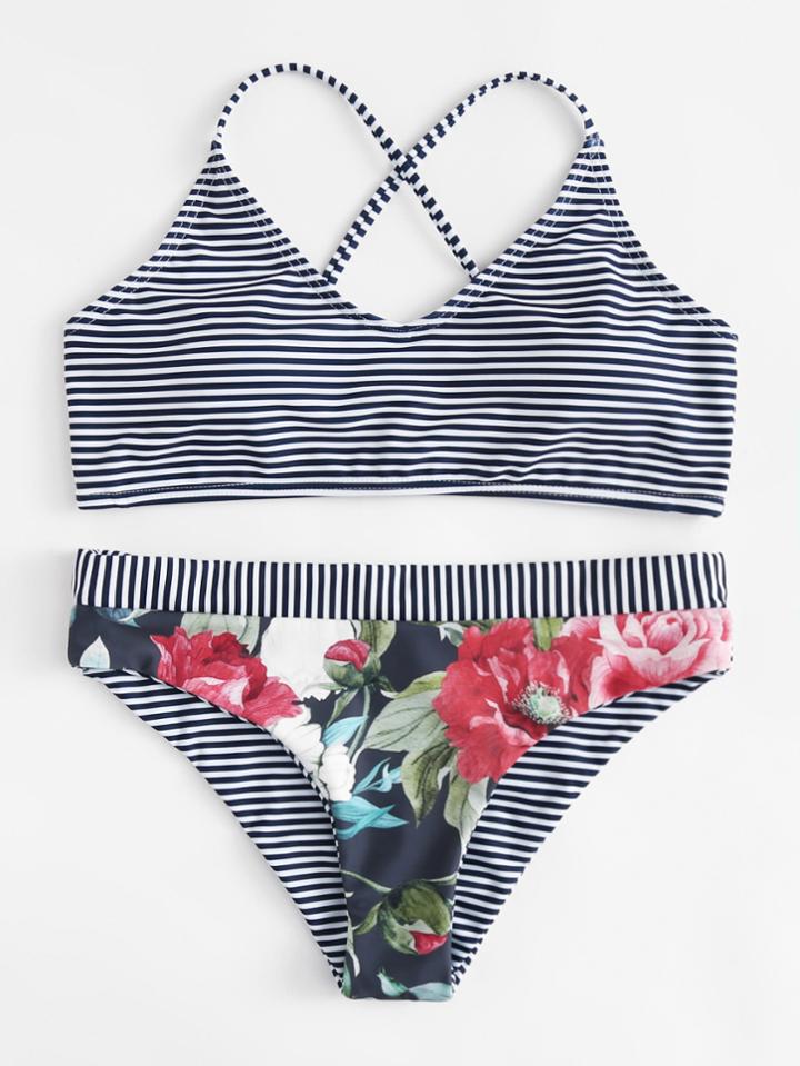 Shein Flower Print Striped Bikini Set