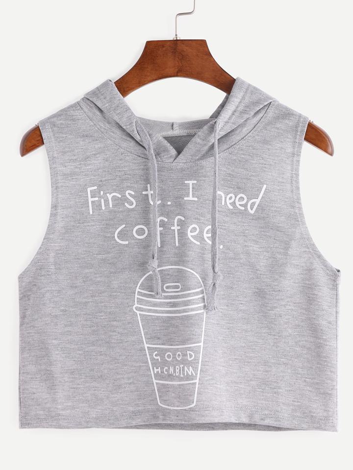 Shein Hooded Coffee Cup Print Sleeveless Grey Dip Hem Top