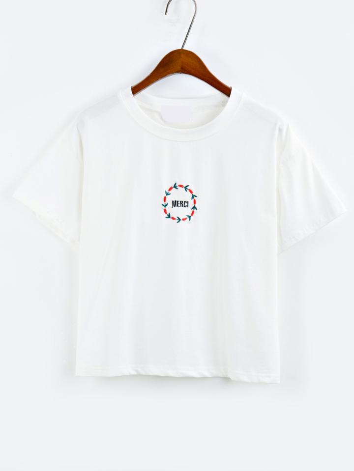 Shein Wreath Embroidered Drop Shoulder T-shirt - White