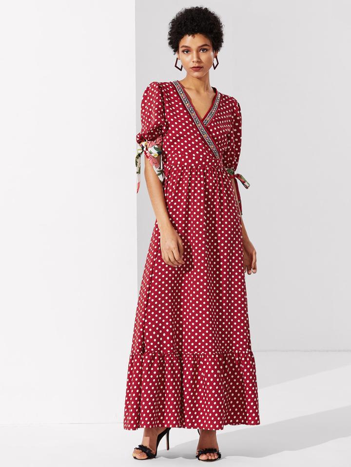 Shein Bow Tied Cuff Embroidery Tape Detail Wrap Dress