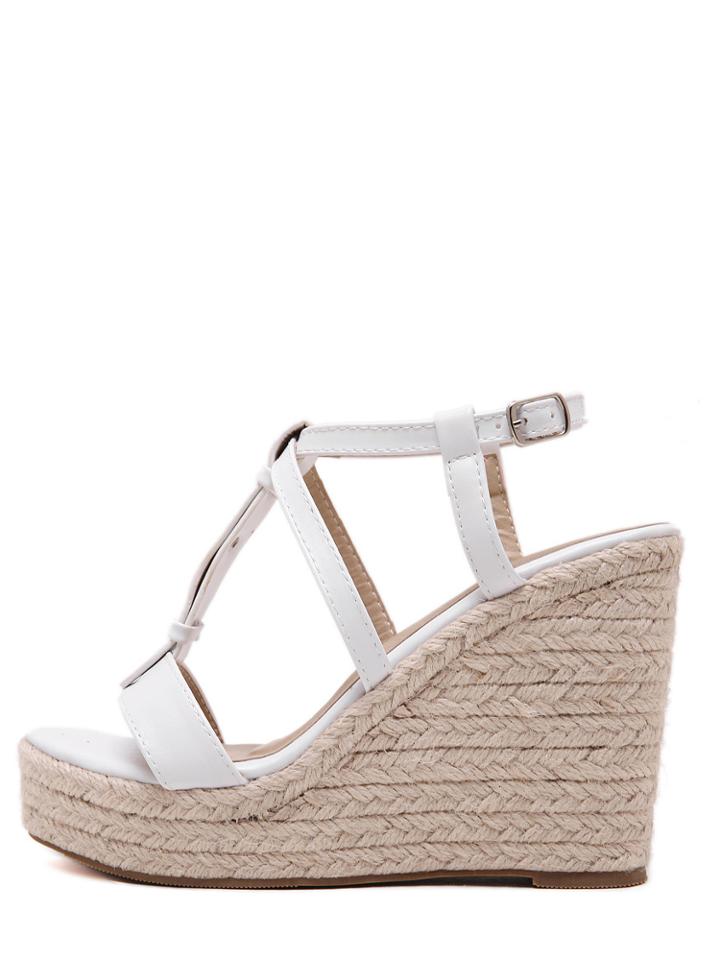 Shein White Peep Toe Buckle Strap Wedge Heels