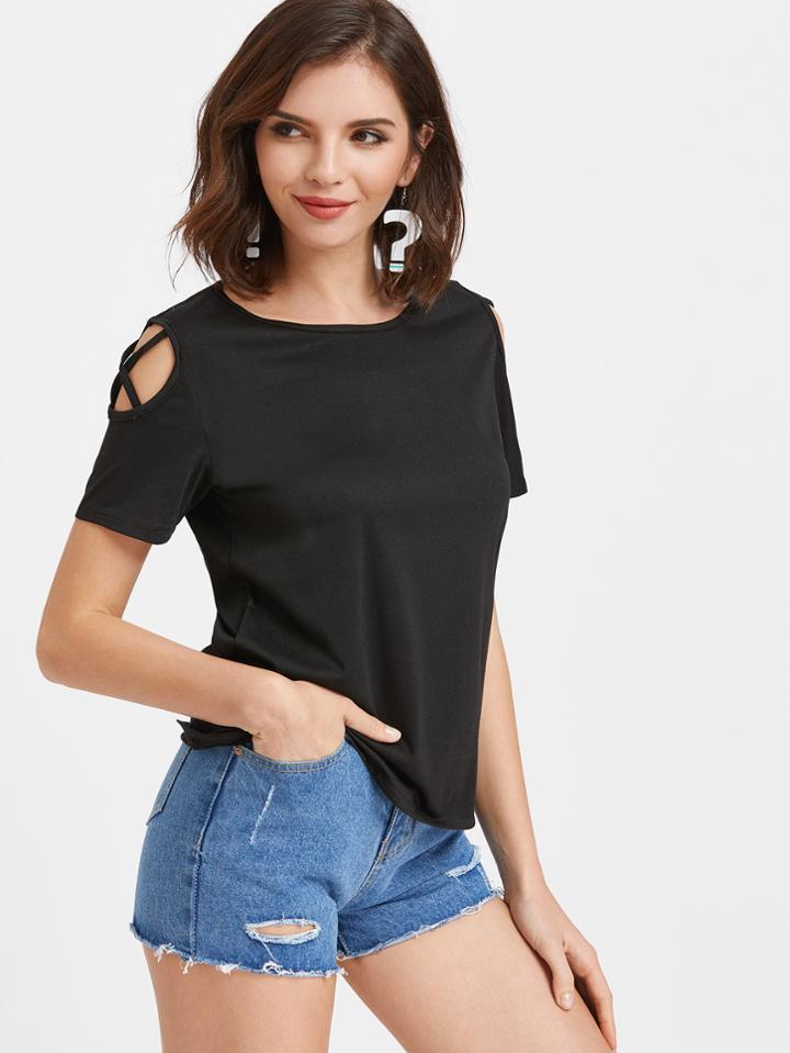 Shein Black Criss Cross Shoulder T-shirt